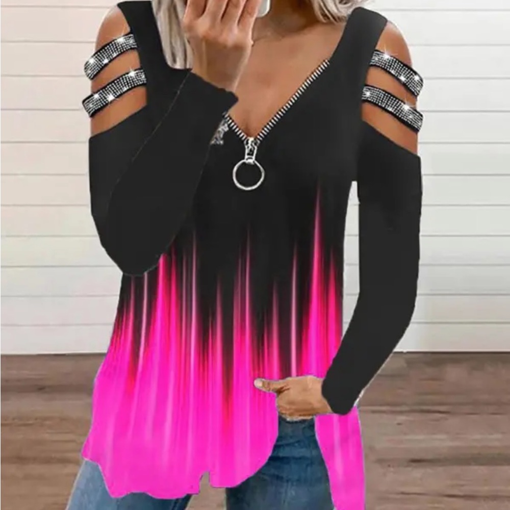 ChicMe Colorblock Rhinestone Strap/Cold Shoulder Zip Front Top3XL NWOT!Pink/Blk